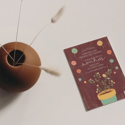 Vaso cerâmico castanho com ramos secos e livro com capa castanha e ilustrações coloridas sobre superfície branca