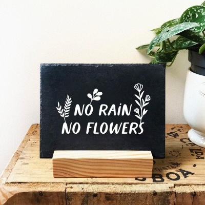 Placa preta com texto motivacional em suporte de madeira ao lado de vaso branco com planta.