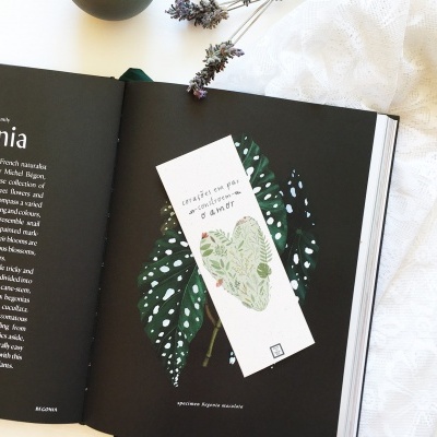 Livro aberto sobre a planta Begonia com marcador de páginas branco e tecido branco ao lado.
