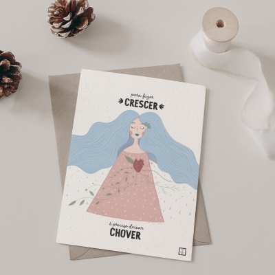 Cartão postal ilustrado com figura feminina e texto em português