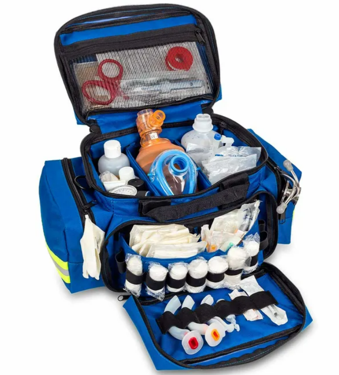 Kit de reposição de mala de primeiros socorros - Avançado Bolsa médica azul aberta com vários equipamentos médicos organizados dentro