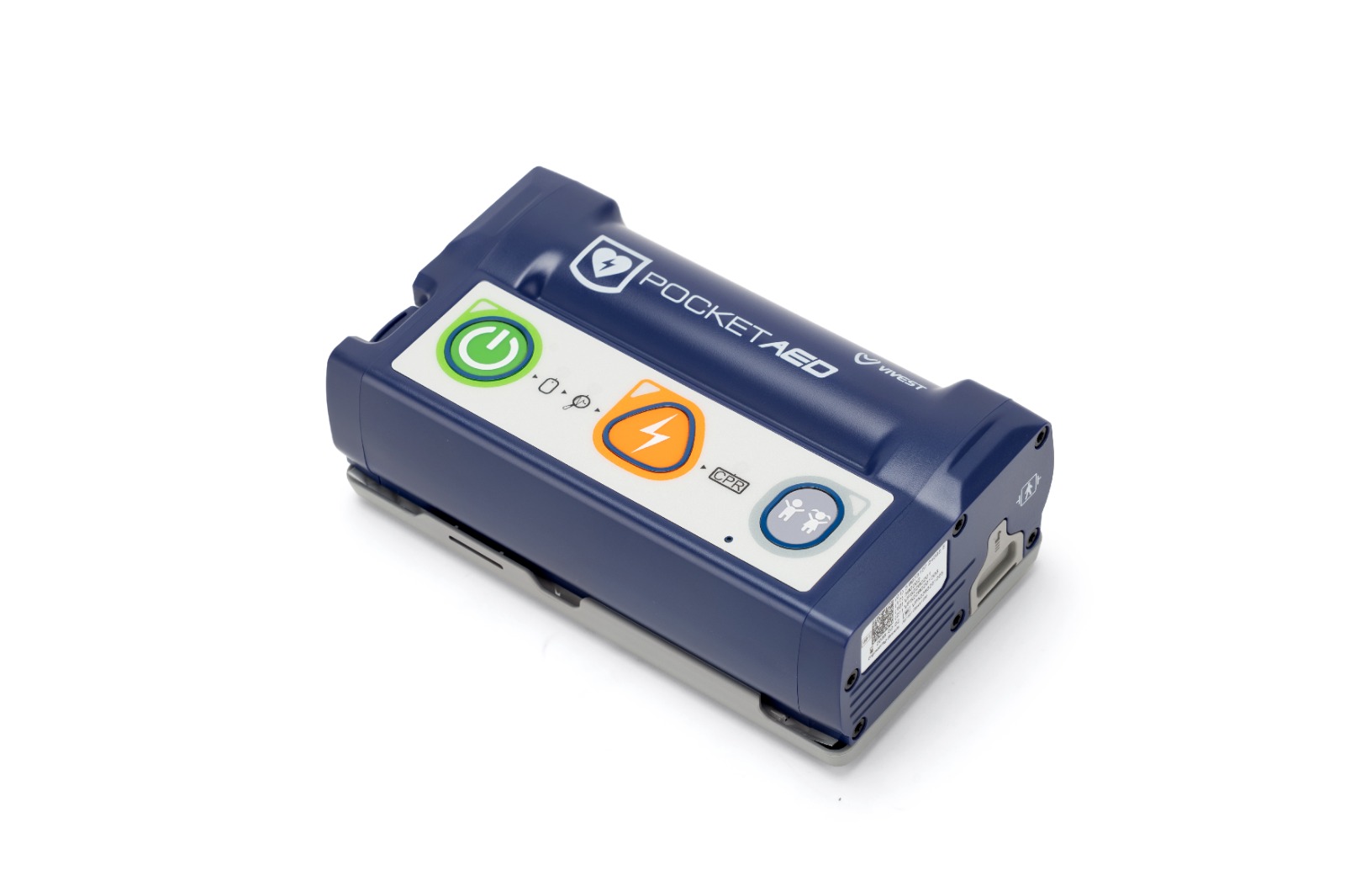 Vivest P3 Desfibrilhador automático portátil azul com botões coloridos e texto POCKET AED