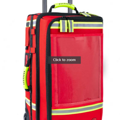 Mala de transporte vermelha com faixas refletoras e símbolo médico