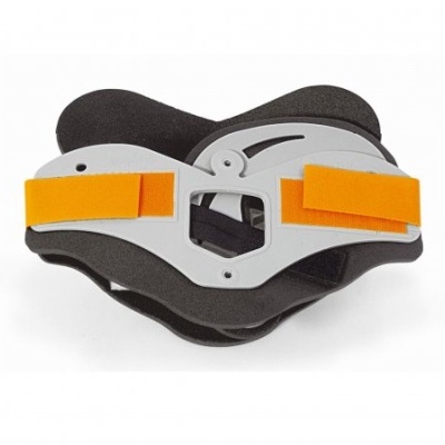Aparelho ortopédico cinzento com tiras laranja e espuma preta