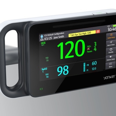 Monitor médico digital preto e cinza com ecrã colorido com dados vitais