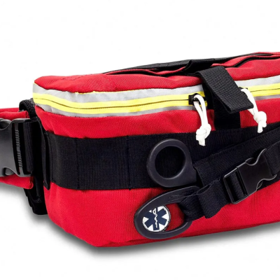 Bolsa de cintura vermelha e preta com zipper amarelo e fechos de plástico preto