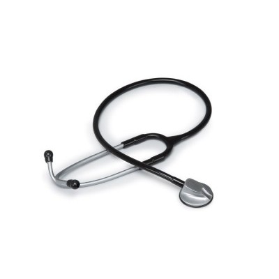 Estetoscópio preto e prateado sobre fundo branco
