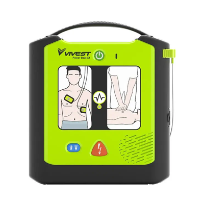 Desfibrilhador VIVEST Power Beat X1 verde e preto com ícones de uso