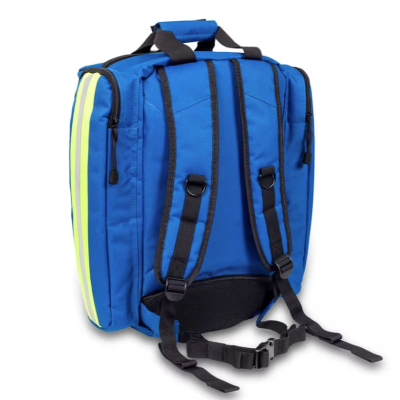 Mochila azul com alças acolchoadas e faixas refletoras amarelas