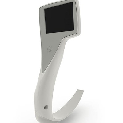 Dispositivo ergonómico branco e cinzento com ecrã preto