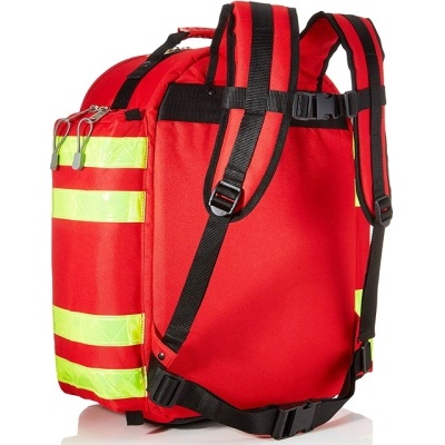 Mochila vermelha com detalhes fluorescentes e alças acolchoadas