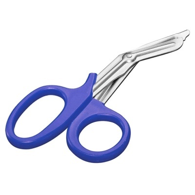 Tesoura com cabos azuis e lâminas metálicas arredondadas