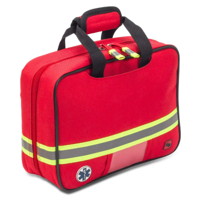 Mala vermelha de primeiros socorros com faixas refletoras e símbolo médico