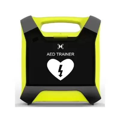 Aparelho AED Trainer amarelo e preto com alça e ícone de coração com raio