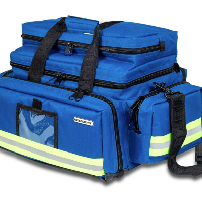 Mala de transporte azul com tiras refletoras amarelas e múltiplos bolsos