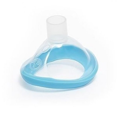Máscara de silicone transparente com suporte azul para uso médico