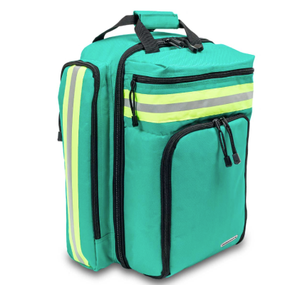 Mochila verde com detalhes amarelos fluorescentes e cinza refletivos