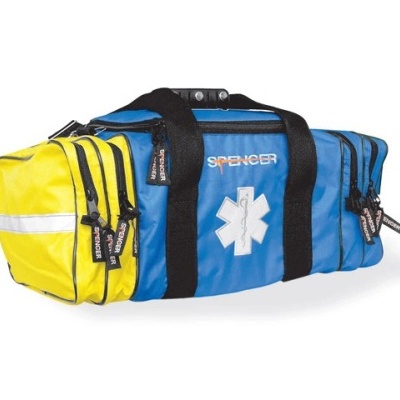 Mala médica azul e amarela com símbolo branco e faixas refletoras