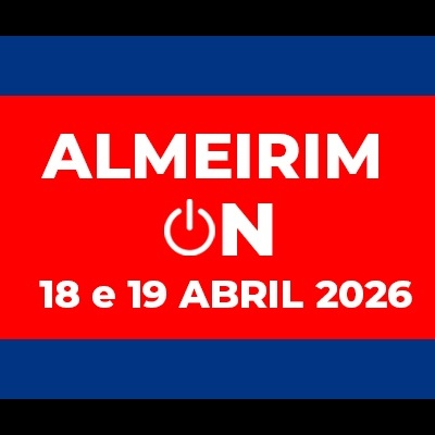 Fundo azul com faixa vermelha e texto branco ALMEIRIM ON e 18 e 19 ABRIL 2026