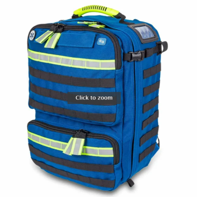 Mochila azul com detalhes verdes fluorescentes e faixas refletoras