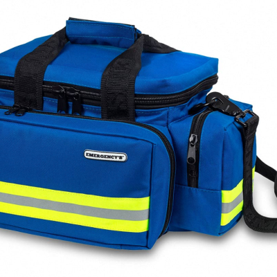 Mala azul escura com faixas refletoras amarelas e alças pretas