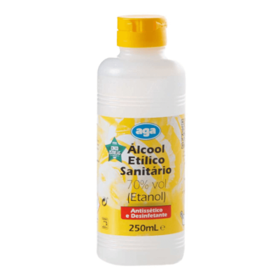 Garrafa de álcool etílico sanitário 250 mL com tampa amarela da marca aga