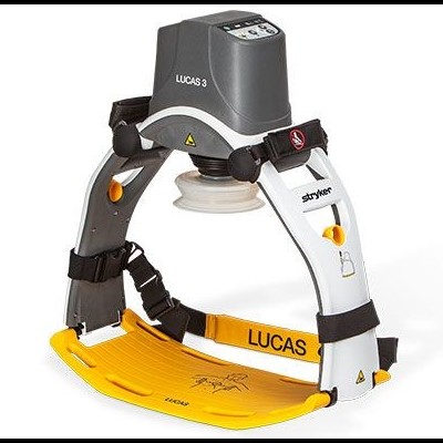 Dispositivo médico LUCAS 3 cinza branco amarelo com base amarela e alças pretas