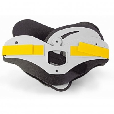 Aparelho ortopédico para pescoço preto e branco com tiras amarelas