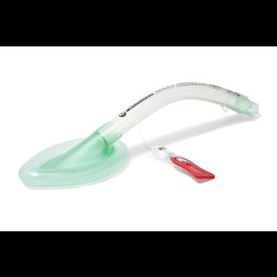 máscara laríngea verde e transparente com tubo curvado