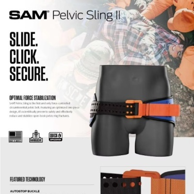 Cinto SAM Pelvic Sling II preto, azul e laranja com fecho, mostrado em manequim de tronco inferior.