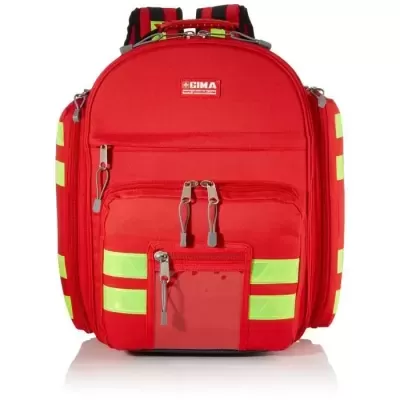 Mochila vermelha com faixas refletoras amarelas e logótipo CIMA.