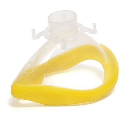 Máscara facial transparente com aro amarelo em silicone sobre fundo branco