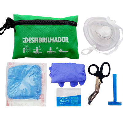 Kit de emergência desfibrilhador com máscara, luvas, tesoura e toalhete