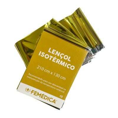 Lençol isotérmico na cor dourada com embalagem amarela e branca com texto