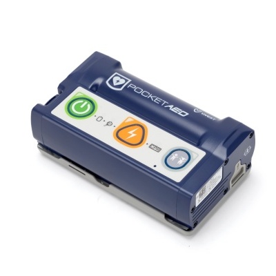 Desfibrilhador automático portátil azul com botões coloridos e texto POCKET AED