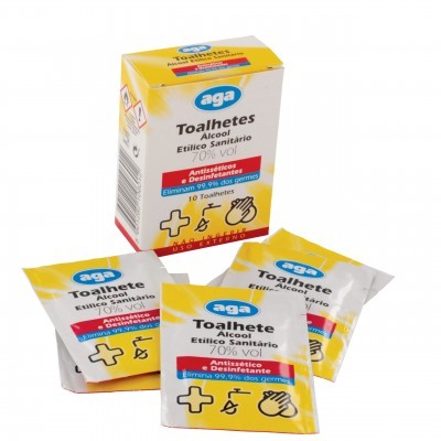 Pacote de toalhetes de álcool etílico sanitário 70%, marca aga, contendo caixa e toalhetes individuais