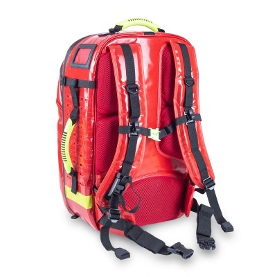 Mochila vermelha com alças acolchoadas pretas e pega amarela