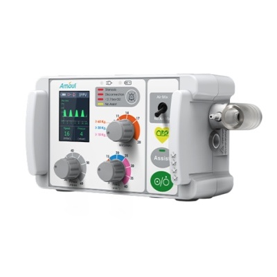 Dispositivo médico branco com ecrã digital e botões rotativos coloridos