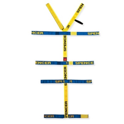 Estrutura de tiras amarelas e azuis com texto SPENCE R sobre fundo branco