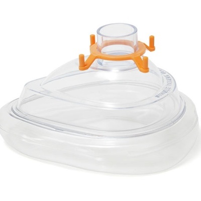 Máscara facial médica transparente com suporte laranja em fundo branco