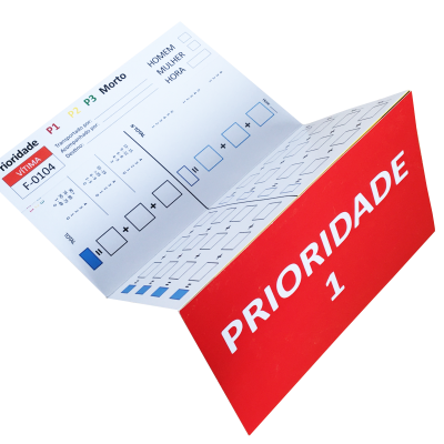 Sinalizador de prioridade vermelho com texto branco e parte interior branca com marcações e texto