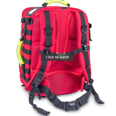 mochila vermelha e amarela com alças acolchoadas e tiras pretas