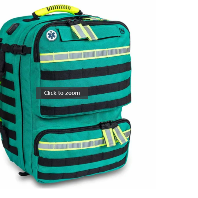 Mochila de emergência médica verde com alças amarelas e faixas pretas