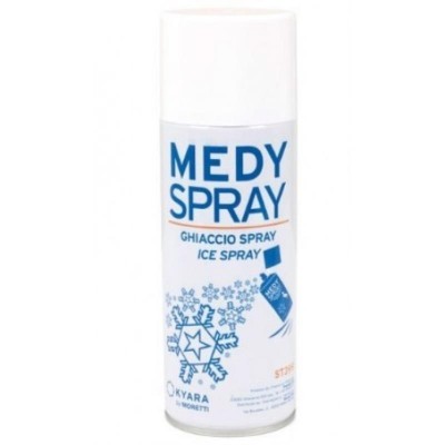 Spray para gelo MEDY SPRAY branco com texto azul e decoração de flocos de neve azuis