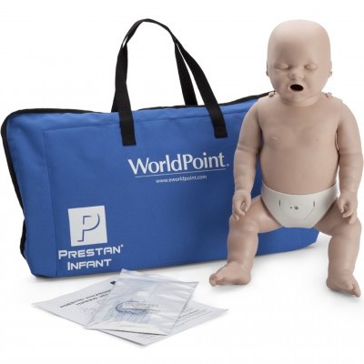 Boneco de treino de reanimação infantil com saco azul e folhetos