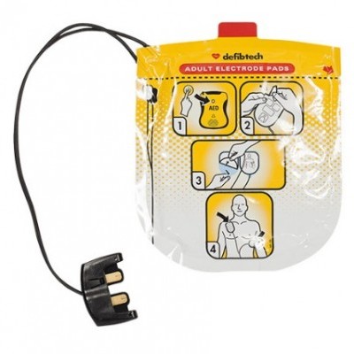 Eletrodos adulto defibtech em embalagem plástica com instruções e fios pretos
