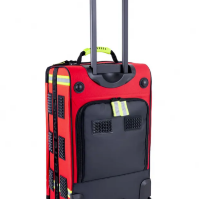 Mala de viagem vermelha e preta com rodas e puxador extensível