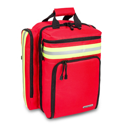 Mochila vermelha com faixas refletoras e vários compartimentos
