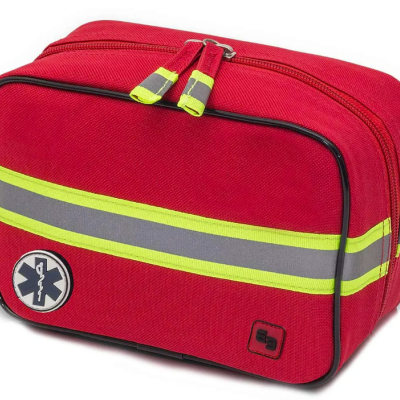 Bolsa vermelha com faixas refletoras amarelas e cinzentas e símbolo médico