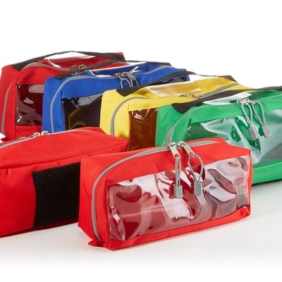 Conjunto de bolsas coloridas com parte frontal transparente e fecho de correr